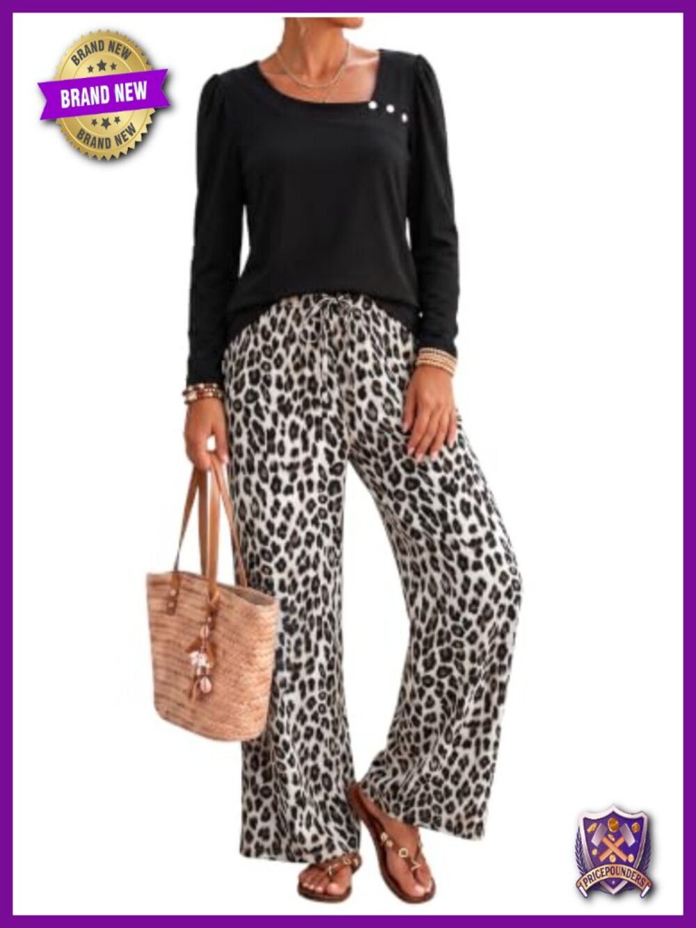 Casly Lamiit Leopard Two Piece Set Long Sleeve Top Wide Leg Pants Lounge Casual